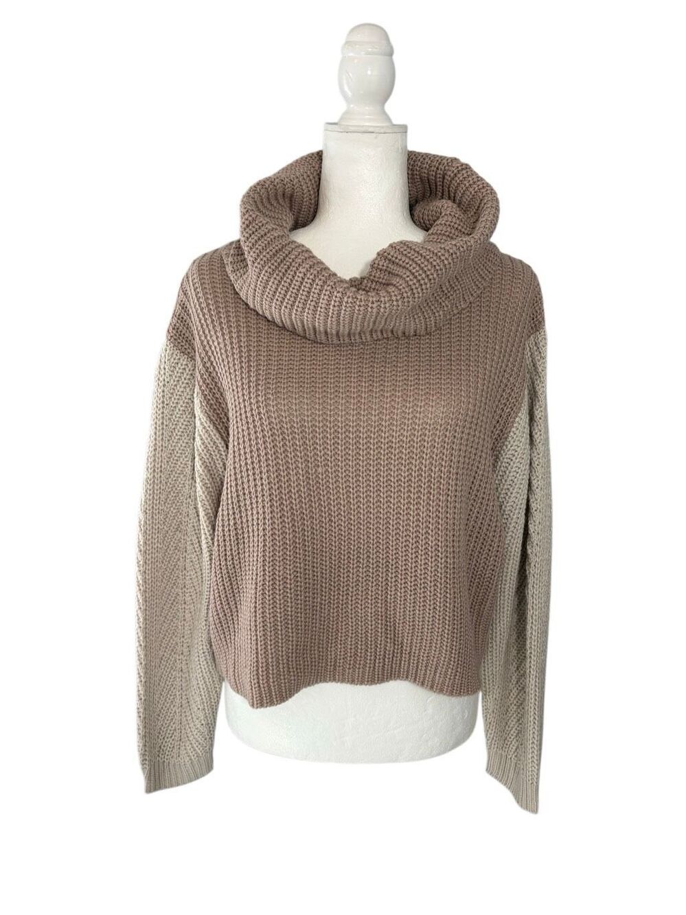 Moon & Madison beige and cream two tone chunky knit cowl neck sweater - S